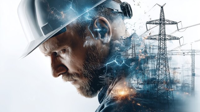 Close-up profile of a serious male engineer with helmet and electricity lines reflecting energy sector challenges, Generative AI