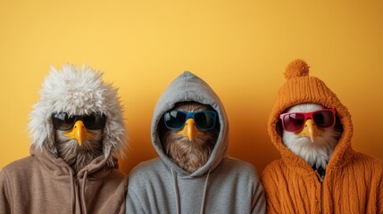 Three anthropomorphic birds donned in colorful outfits and sunglasses strike a playful pose, merging elements of humor and fashion against a bright background.