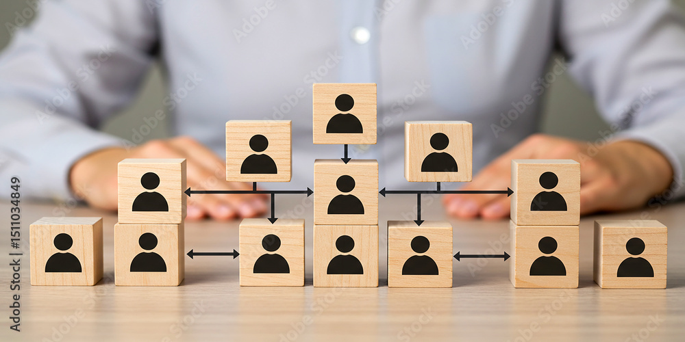 Poster person showing wooden blocks with person icons representing organizational structure and hierarchy