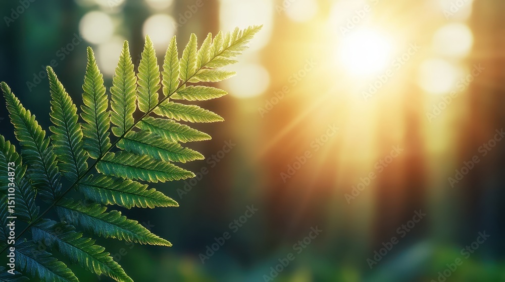 Poster this enthralling image shows a vibrant green fern leaf illuminated by soft sunlight, emphasizing the