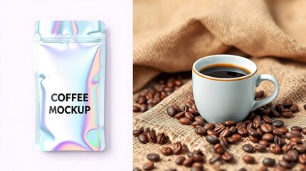 Holographic coffee pouch mockup, with coffee cup and beans on burlap