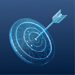 A glowing wireframe-style arrow hits the center of a digital target, set on a dark blue background, symbolizing accuracy and goals.