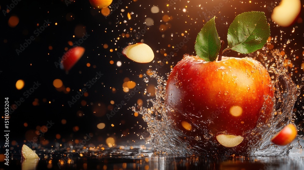 Poster an apple splashes into water, creating a mesmerizing spray of droplets that captures freshness and v