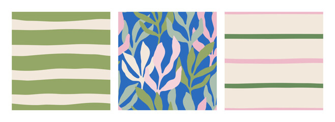 Hand drawn collection of trendy seamless patterns with leaves and stripes. Whimsical floral background for summer design, textile, wallpaper. Cute geometric patterns with lines and floral motifs
