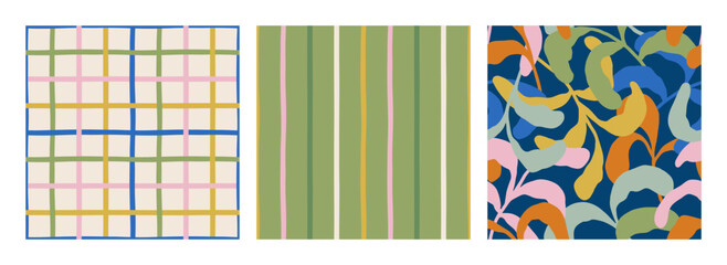 Hand drawn collection of trendy seamless patterns with leaves and stripes. Whimsical floral background for summer design, textile, wallpaper. Cute geometric patterns with lines and floral motifs