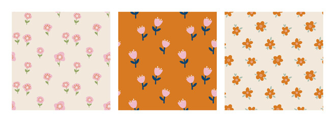 Collection of hand drawn seamless patterns with abstract floral motifs. Vector endless background with vibrant flowers for summer design, wallpaper, textile. Cute charming botanical illustration