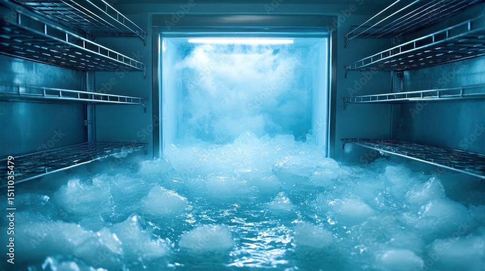 Poster this image captures a frosty ice chamber overflowing with glistening ice cubes, evoking sensations o
