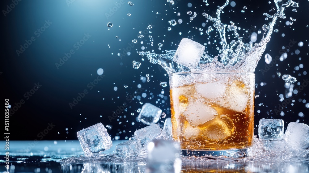 Poster this image showcases a refreshing drink splashing in a glass filled with ice cubes, capturing the mo