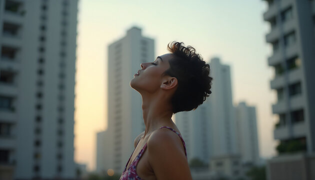 Young woman looking up with a serene expression against urban skyline  