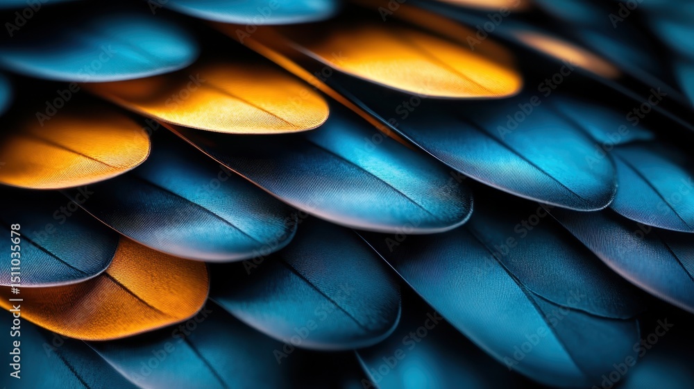 Poster a stunning close-up of intricately arranged colorful feathers, showcasing their unique textures and 