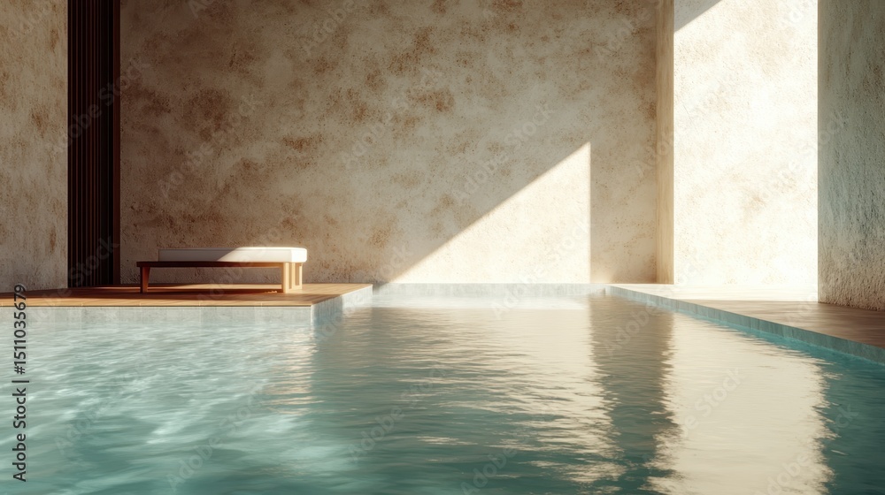 Poster a serene poolside setting with soft natural light illuminating a minimalist lounge chair, creating a