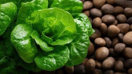A close-up of fresh green lettuce leaves contrasted against a backdrop of brown pebbles, highlighting the natural beauty and simplicity of organic produce.