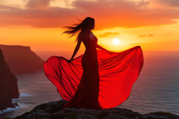 A woman in a flowing silk gown stands atop a dramatic cliff, her figure bathed in the fiery hues of sunset and her hair dancing in the wind