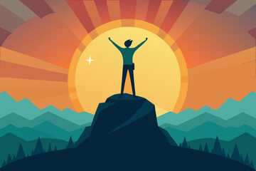 Silhouette of a man on top of a cliff, illuminated by the morning sun, arms raised in a gesture of victory