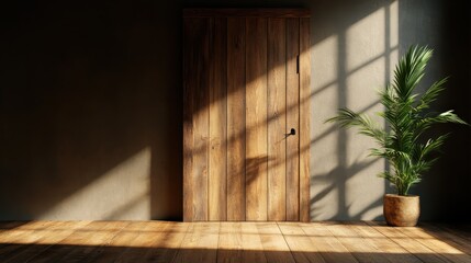 This image showcases a beautifully crafted wooden door bathed in soft light, emphasizing its rustic charm and inviting atmosphere, perfect for evoking feelings of home and warmth.