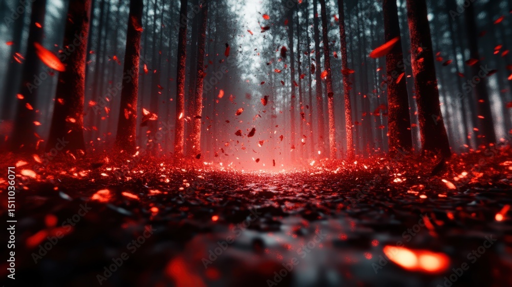 Poster this atmospheric image depicts a mystic forest scene with red glowing particles creating a surreal a