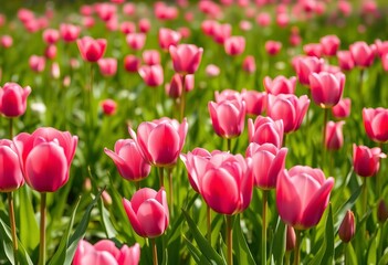 Fototapeta premium Vibrant pink tulips bloom in a lush spring meadow, petals, blossom