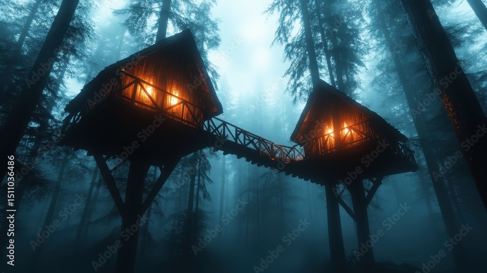 Poster a captivating view of two illuminated treehouses in a foggy forest setting, evoking a sense of wonde