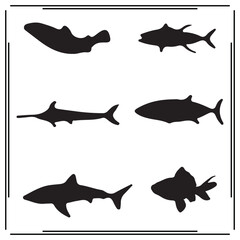 Shark and Fish Silhouettes Collection – Vector Set of Marine Animal Icons Featuring Hammerhead, Tuna, Swordfish, Great White – Sea Life Clipart for Ocean, Nautical Design.

