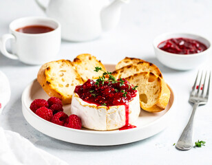 Baked brie with raspberry preserves for breakfast. AI