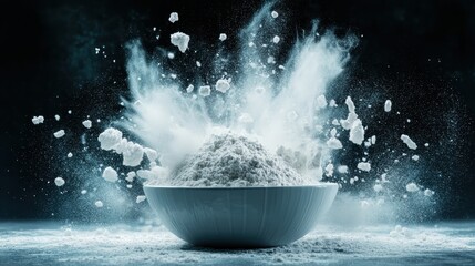 Captured in this image is a dramatic explosion of flour from a bowl, conveying a sense of action and vitality that reflects creativity in baking and cooking processes.