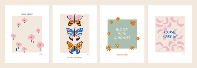 Hand drawn collection of trendy abstract posters or cards with tiny flowers and butterflies. Whimsical botanical prints for summer design, Womens day, Valentines day. Cute lovely summer prints