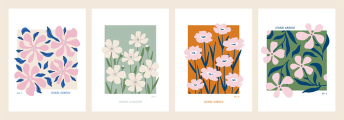 Hand drawn collection of trendy abstract floral posters or cards. Whimsical botanical prints for summer design, Womens day, Valentines day. Cute lovely summer prints. Flat vector illustration