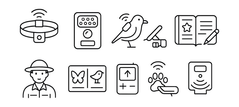Line style icons of rare species monitoring and tracking: GPS collar, camera trap icon, radio tag, tracking drone, observation journal, wildlife biologist icon, species ID chart, population counter,