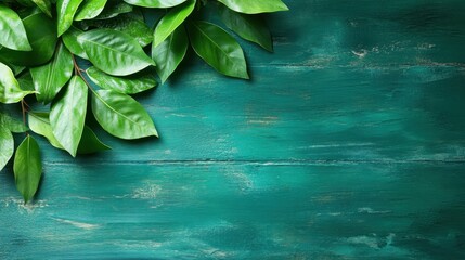A collection of lush green leaves is arranged over a textured teal surface, exuding a sense of freshness and tranquility, ideal for nature-inspired designs.