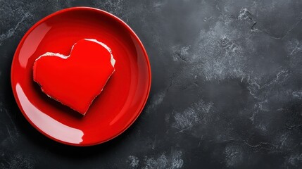 A luscious heart-shaped cake sits atop a bold red plate, beautifully symbolizing love and joy, making it an ideal choice for celebrations like anniversaries and Valentine's Day.