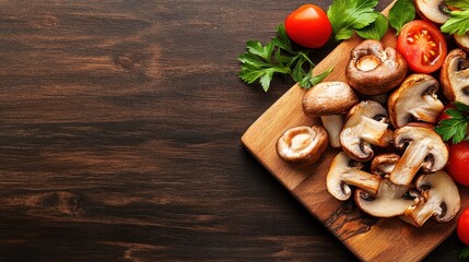 An assortment of fresh vegetables, including mushrooms and tomatoes, artfully arranged on a rustic wooden cutting board, signifying the beauty of healthy cooking and fresh ingredients.