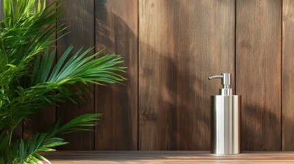 A sleek metallic soap dispenser contrasts beautifully against a rich wooden backdrop, forming a captivating visual ideal for modern bathrooms and home decor concepts.
