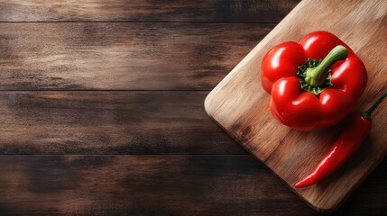 A striking red bell pepper and a green chili pepper lay elegantly on a wooden cutting board, emphasizing their fresh vibrancy and inviting culinary possibilities.