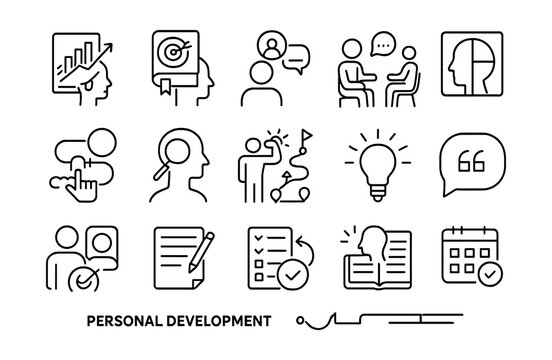 Line style icons of personal development: growth plan, learning goals, mentorship, coaching session, personal SWOT, habit building, self-evaluation, confidence boost, career map, motivational quotes,