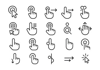 Line style icons of user actions: click icon, tap gesture, swipe left, swipe right, double tap, drag icon, long press, zoom gesture, scroll down, hover action, mouse cursor, touch indicator, tap