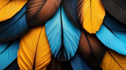 A vibrant collection of feathers in shades of blue, orange, brown, and black arranged together, creating an eye-catching display of texture and color that fascinates the viewer.