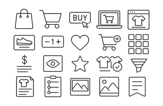 Line style icons of online shopping: shopping bag, shopping cart, buy button, online checkout, product page, item preview, quantity selector, wishlist icon, add to cart, product grid, cart total,