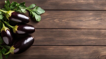 A group of glossy purple eggplants accompanied by fresh green leaves, arranged beautifully on a wooden surface, highlighting their rich color and freshness.