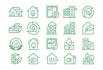 Line style icons of green building and architecture: green roof, passive house, solar window, eco insulation, energy rating, sustainable materials, water recycling system, green wall, rooftop garden,