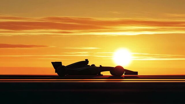 Formula 1 car in side profile racing against a vibrant sunset sky, sleek silhouette with motion lines on the track, golden hour speed and elegance in high-performance motorsport

