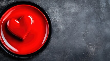 A striking red heart sits prominently on a black plate against a dark textured surface, capturing themes of love and passion, perfect for romantic or emotional imagery and design.