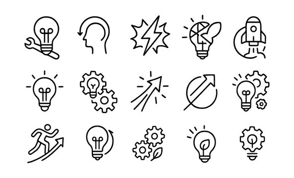 Line style icons of innovation concepts: idea + execution, original approach, disrupt icon, idea to prototype, future-focused icon, system rethink, new logic, transformation spark, forward-thinking