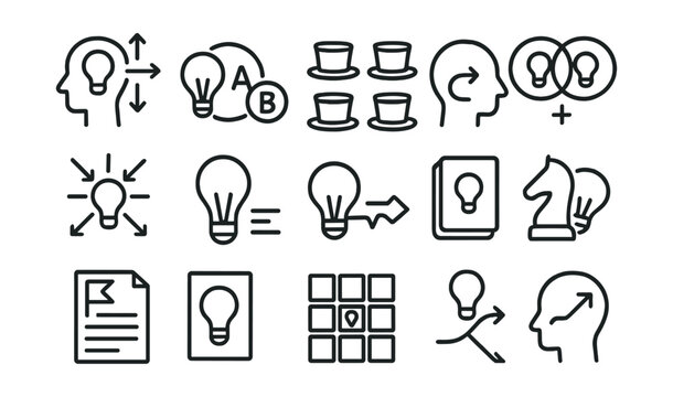 Line style icons of ideation techniques: SCAMPER method, random word icon, six thinking hats, reverse thinking, concept mashup, constraint play, idea stretching, forced connection, ideation cards,