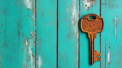 A rustic, aged key rests on a weathered teal wooden plank, evoking a sense of nostalgia and exploring themes of mystery, history, and forgotten stories.
