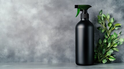 A sleek black spray bottle with a green trigger sits against a textured gray background, ideal for cleaning or home care product representation in stock photography.