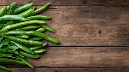 A vibrant arrangement of fresh green vegetables displayed on a rustic wooden table surface, showcasing the beauty of nature and healthy food for culinary photography.