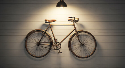 Vintage bicycle mounted on wall under warm light fixture