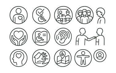 Line style icons of round inclusive education: round special needs icon, round accessibility badge, round inclusive class, round diversity icon, round support bubble, round adapted lesson, round