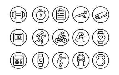 Line style icons of round fitness and training: round dumbbell icon, round stopwatch, round training plan, round exercise icon, round yoga mat, round rep counter, round running icon, round cycling
