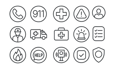 Line style icons of round emergency and safety: round emergency call, round 911 icon, round red cross, round safety alert, round first responder, round ambulance icon, round rescue kit, round
